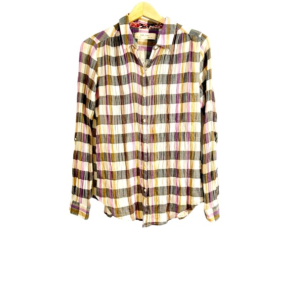 Anthropologie Isabella Sinclair Plaid Lace Insert Multicolor Button Down Shirt S - Picture 3 of 14